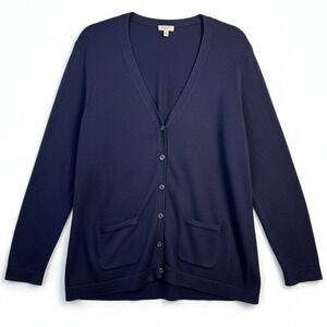 Talbots Cardigan Sweater Large Petite Navy Blue Cotton V-Neck Button Front